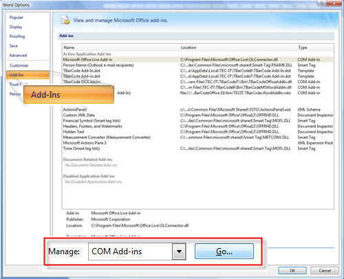 TBarCode Office with Word 2007 - Word Options